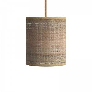 Závesná lampa s textilným káblom, prírodným valcovým tienidlom a drevenými detailmi – Vyrobená v Taliansku