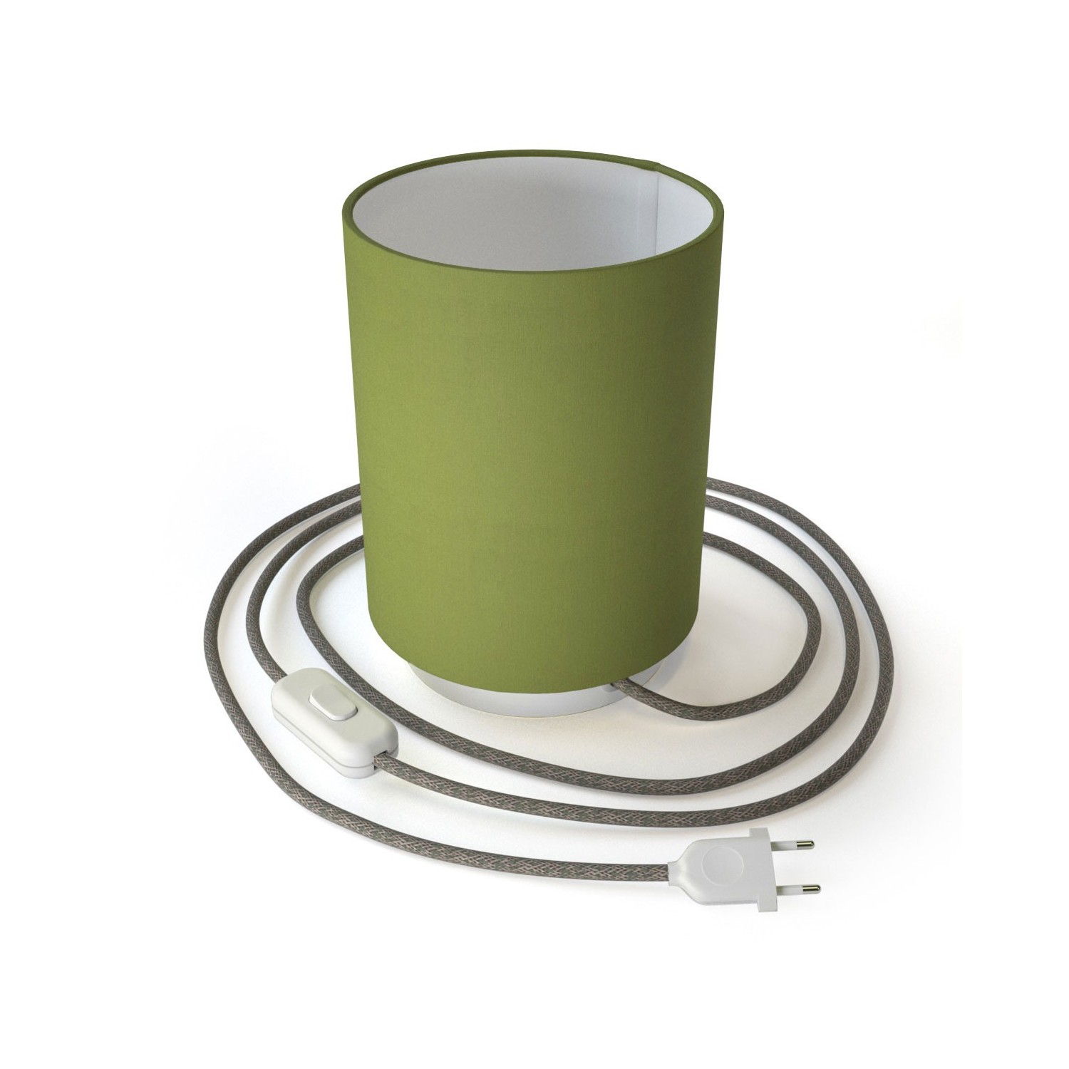 Posaluce, kovové svietidlo so zeleným plátenným valcovým tienidlom, textilným káblom, in-line vypínačom a 2-pólovou zástrčkou