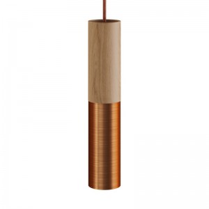 Závesná lampa s textilným káblom a dvojitým tienidlom Tub-E14, drevo a kov - vyrobené v Taliansku