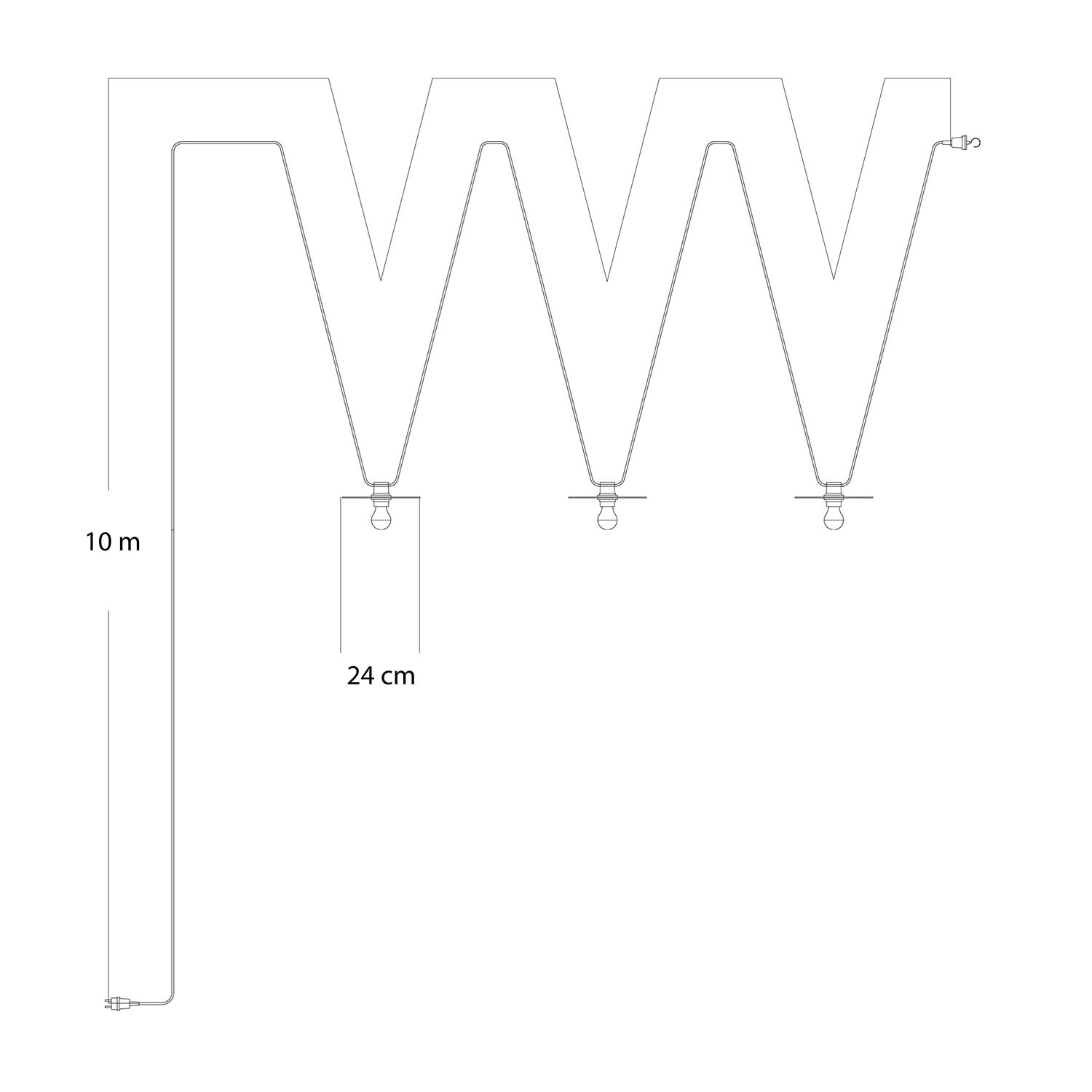 Svetelná reťaz "Maioliche" systému Lumet, textilný kábel dĺžka od 10 m, 3x objímky a tienidlá, háčik a čierna zástrčka