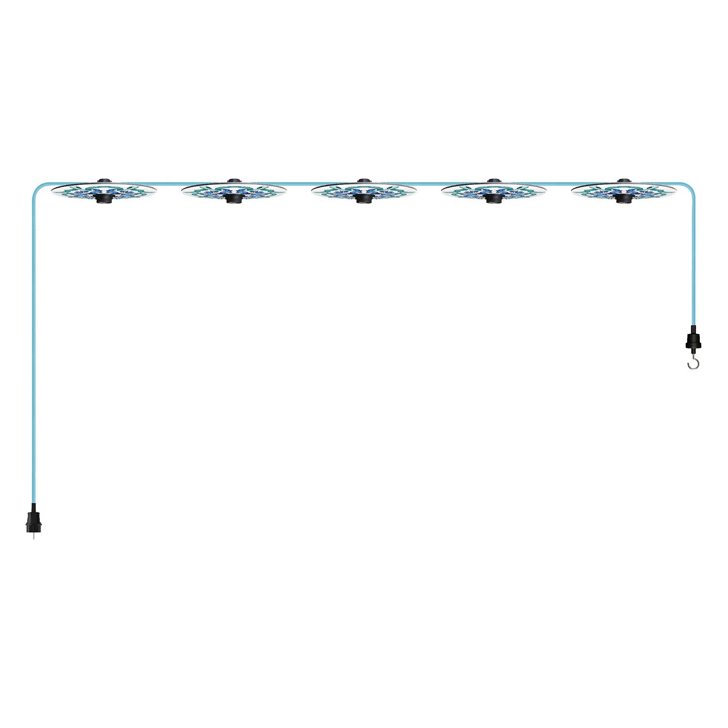 Svetelná reťaz "Maioliche" systému Lumet, textilný kábel dĺžka od 7,5m, 5x objímky a tienidlá, háčik a čierna zástrčka