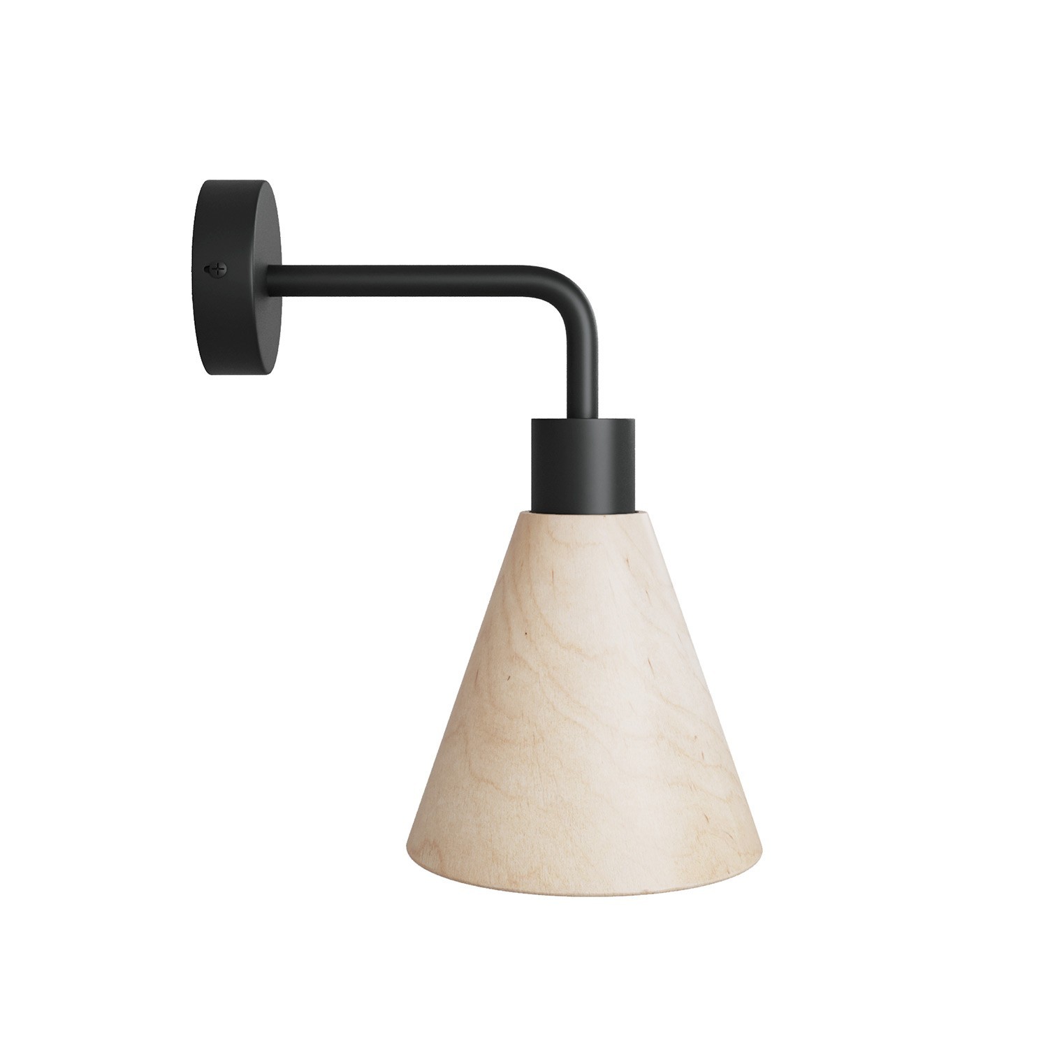 Lampa Fermaluce s dreveným tienidlom v tvare kužeľa a zahnutým nadstavcom