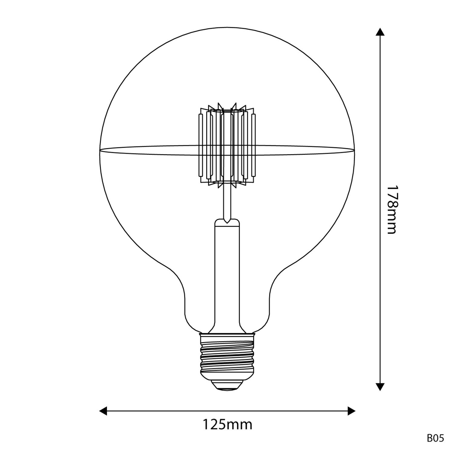 LED žiarovka so striebornou polguľou B05, rad 5V, krátké vlákno, Glóbus G125 1,3W E27 stmievateľná 2500K