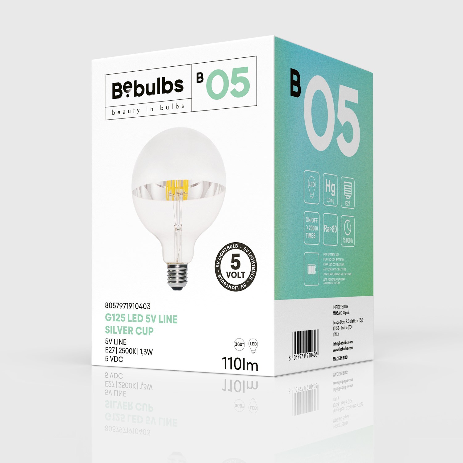 LED žiarovka so striebornou polguľou B05, rad 5V, krátké vlákno, Glóbus G125 1,3W E27 stmievateľná 2500K