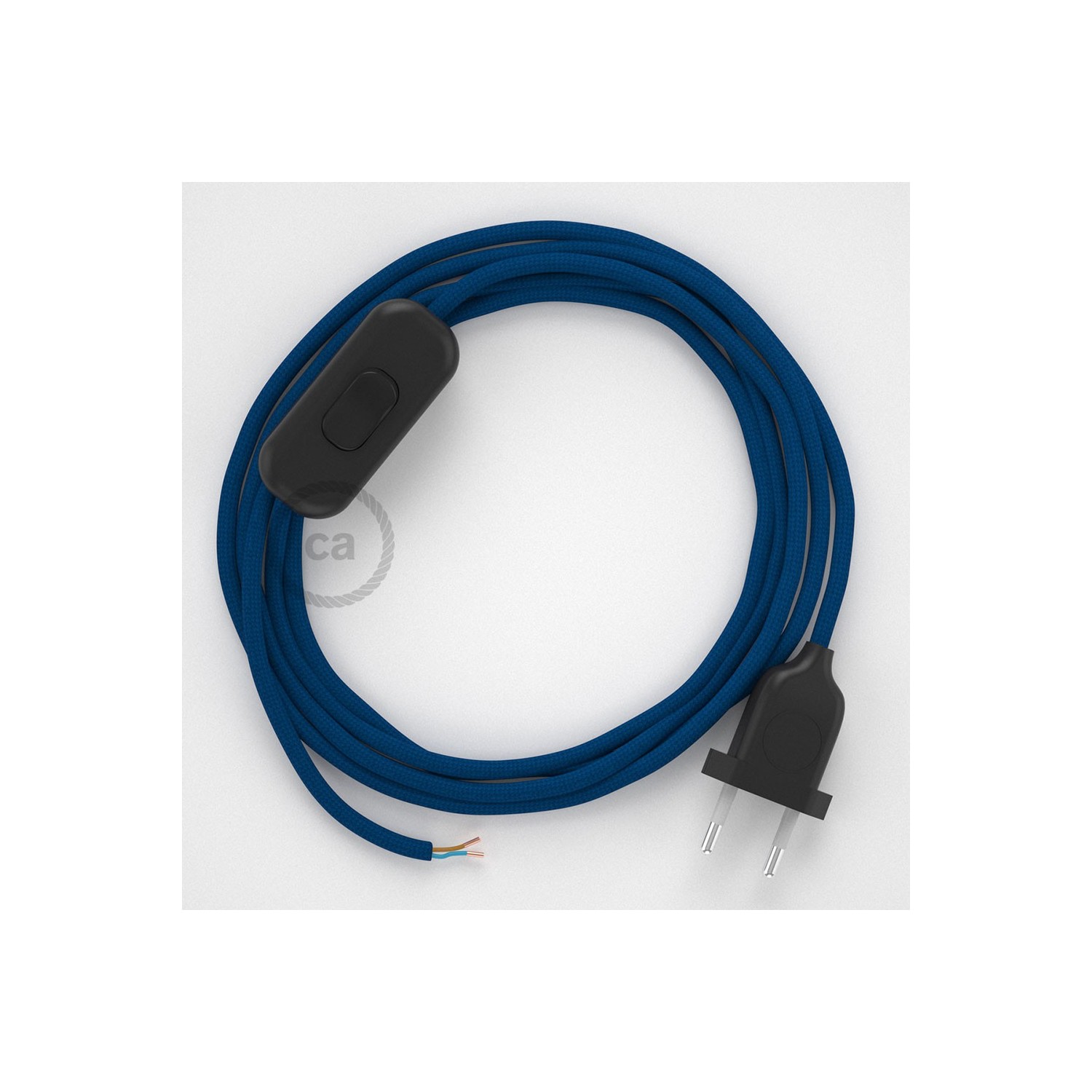 Napájací kábel pre stolnú lampu, RM12 Modrý hodvábny 1,80 m. Vyberte si farbu zástrčky a vypínača.