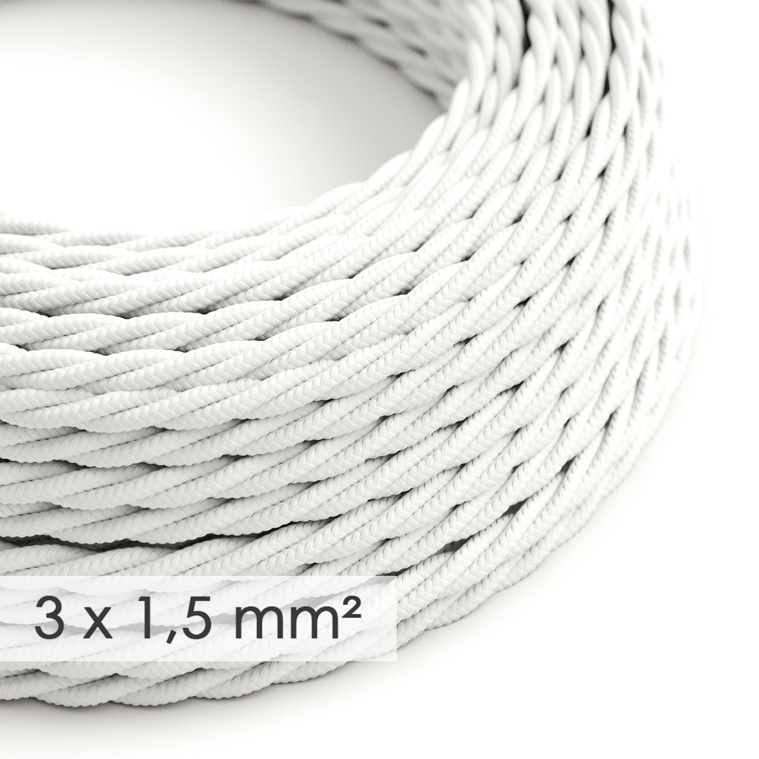 Textilný elektrický kábel so širším priemerom 3x1,50 - stočený - hodváb TM01 biely