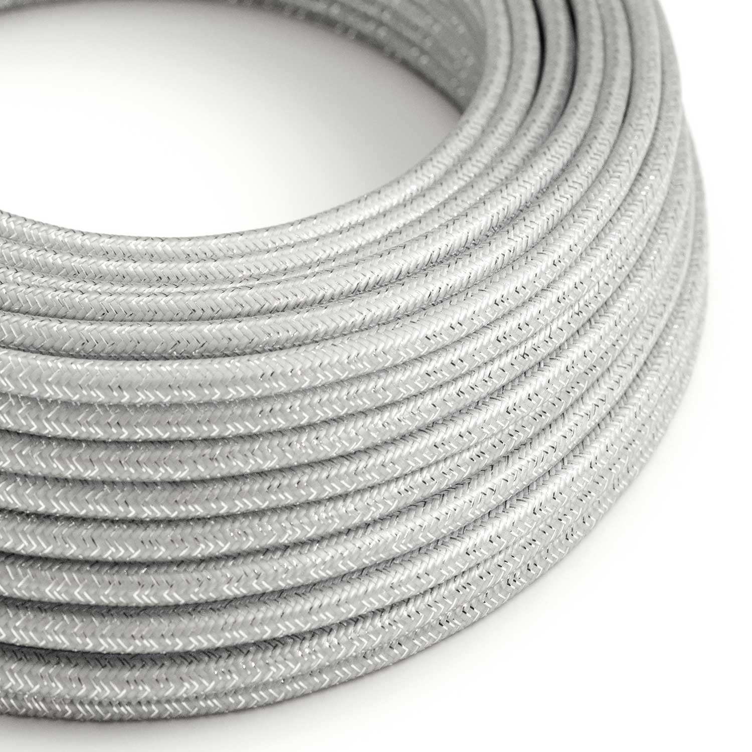 Okrúhly textilný elektrický kábel - lesklý, umelý hodváb, jednofarebný, RL02 Strieborná