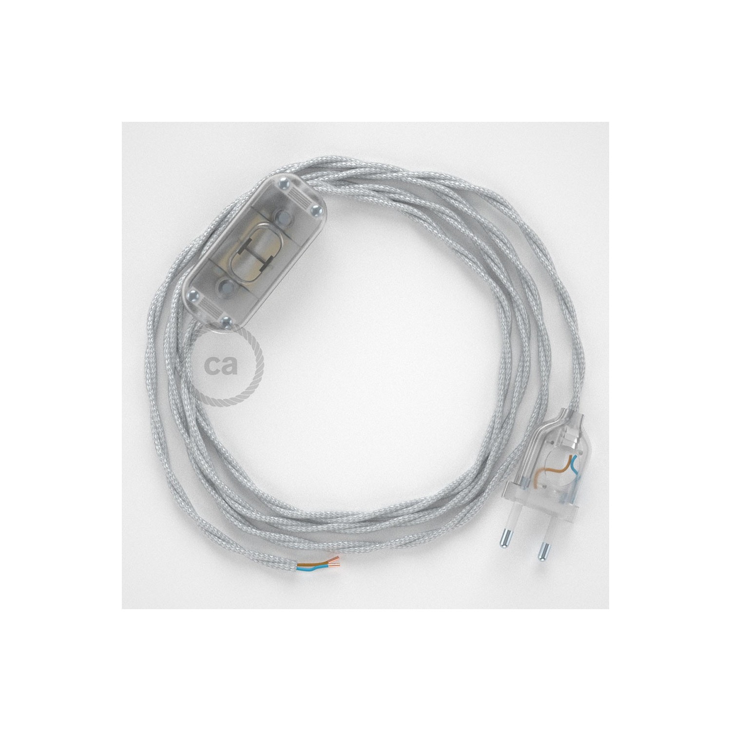 Napájací kábel pre stolnú lampu, TM02 Strieborný hodvábny 1,80 m. Vyberte si farbu zástrčky a vypínača.