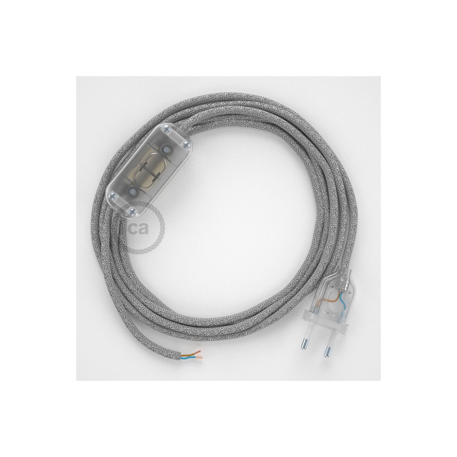 Napájací kábel pre stolnú lampu, RL02 Trblietavý strieborný hodvábny 1,80 m. Vyberte si farbu zástrčky a vypínača.