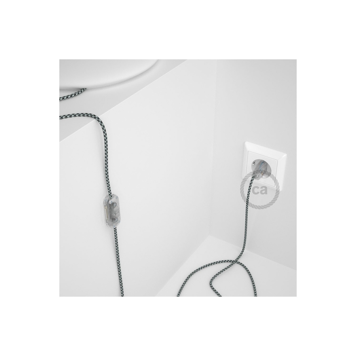 Napájací kábel pre stolnú lampu, RP04 Bielo - čierny hodvábny 1,80 m. Vyberte si farbu zástrčky a vypínača.