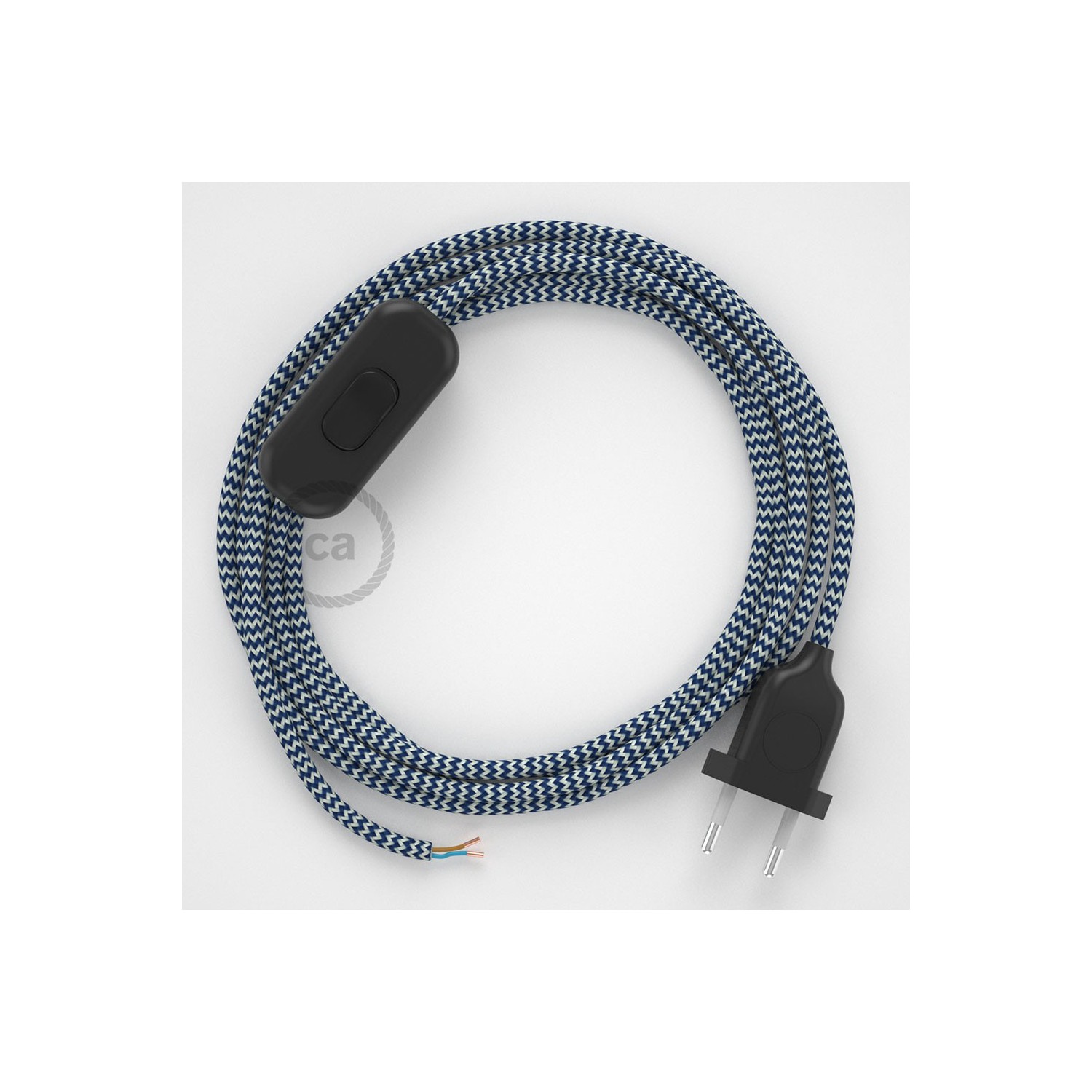 Napájací kábel pre stolnú lampu, RZ12 Cik - cak modrý hodvábny 1,80 m. Vyberte si farbu zástrčky a vypínača.