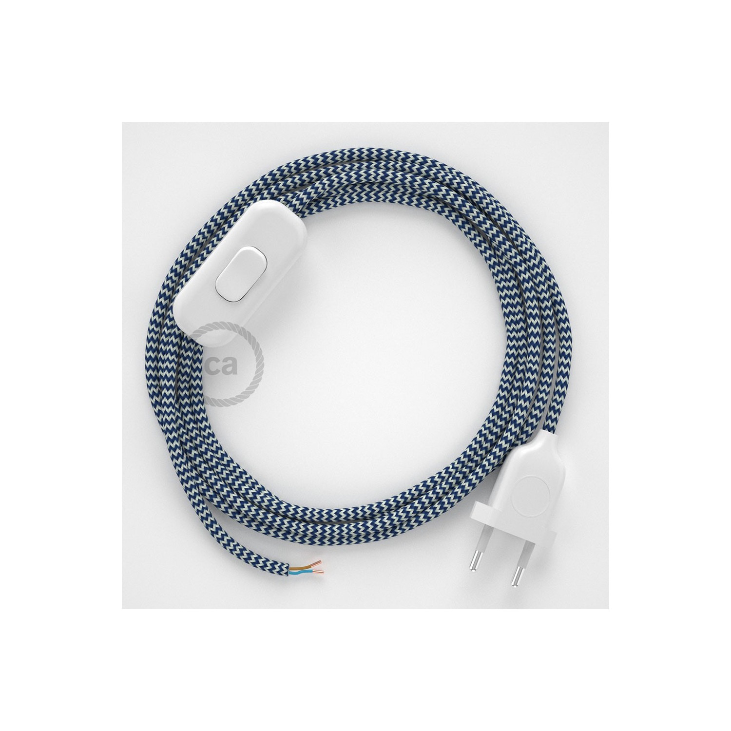 Napájací kábel pre stolnú lampu, RZ12 Cik - cak modrý hodvábny 1,80 m. Vyberte si farbu zástrčky a vypínača.