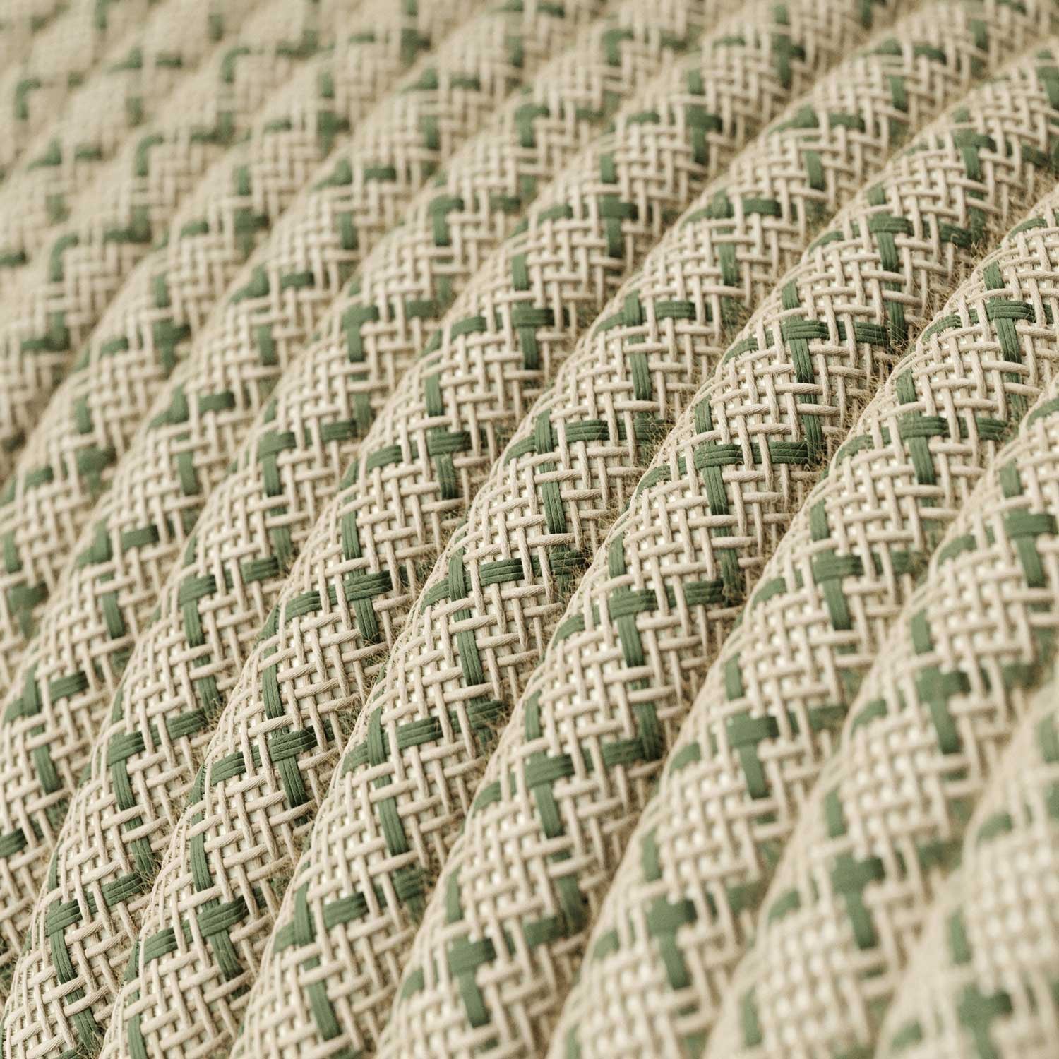Okrúhly textilný elektrický kábel, bavlna - kosoštvorce tymiánová zelená farba, ľan prírodná neutrálna farba RD62