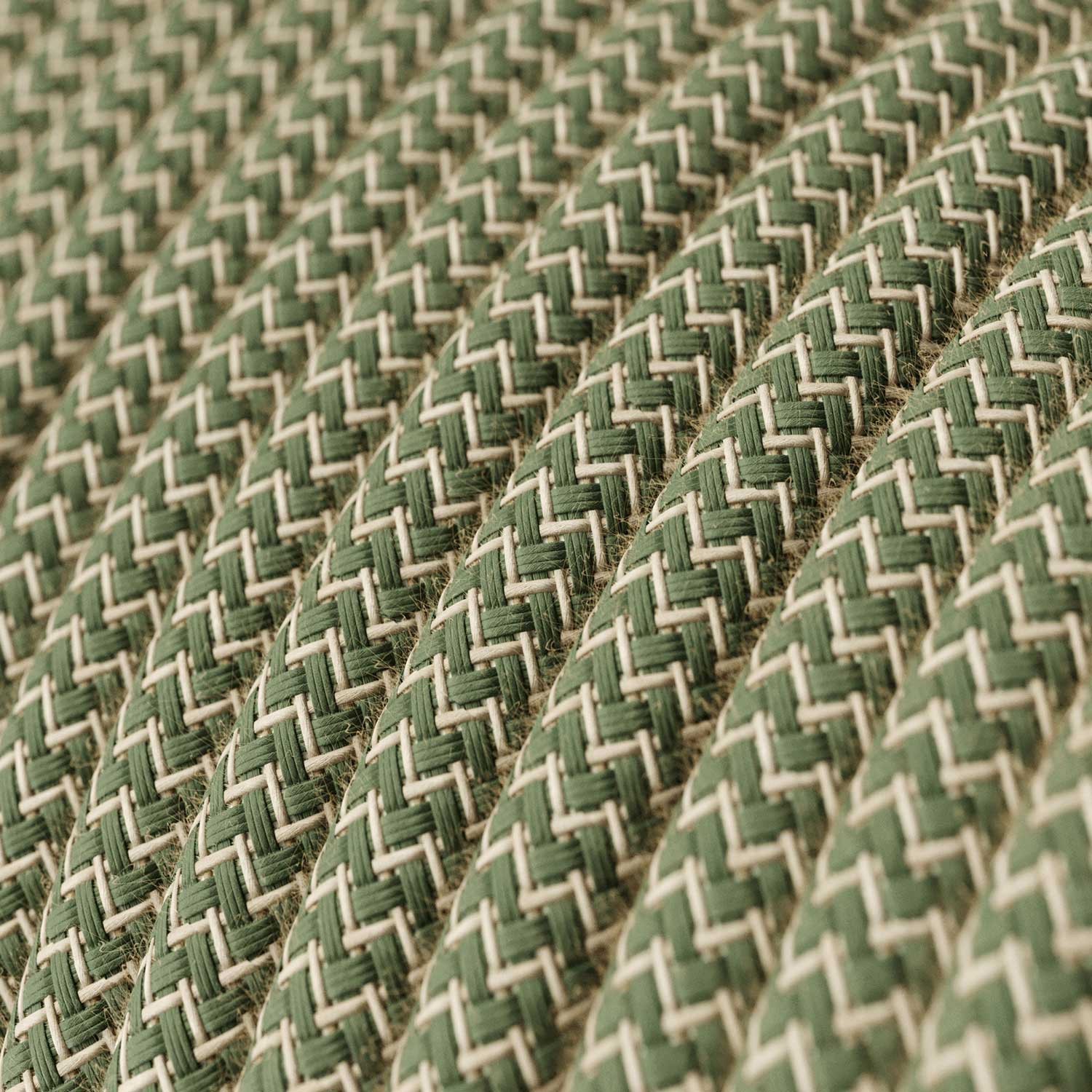 Okrúhly textilný elektrický kábel, bavlna - CikCak tymiánová zelená farba, ľan prírodná neutrálna farba RD72