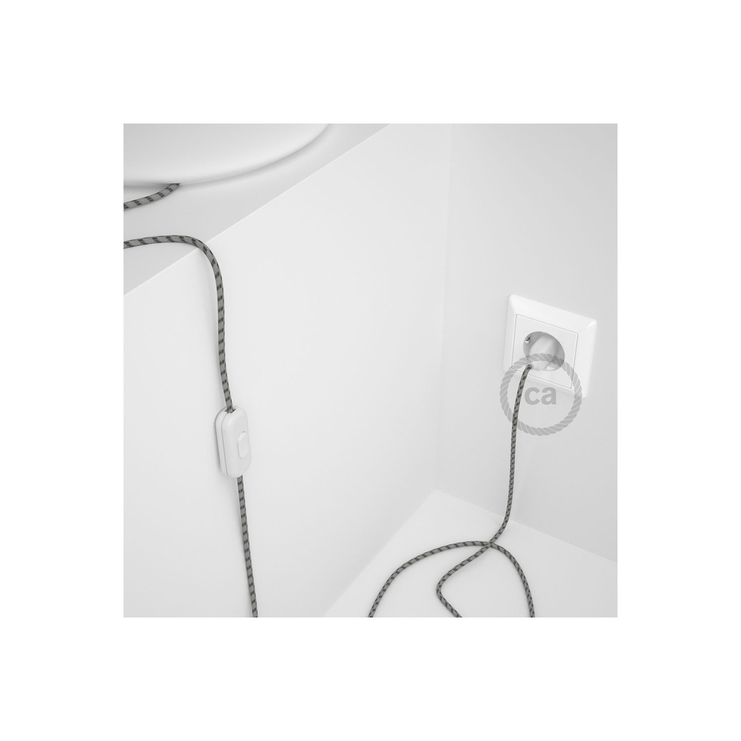 Napájací kábel pre stolnú lampu, RD54 Prúžkovaný antracitový bavlneno - ľanový 1,80 m. Vyberte si farbu zástrčky a vypínača.