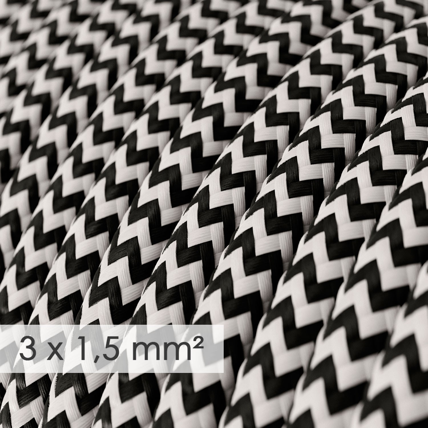 Textilný elektrický kábel so širším priemerom 3x1,50 - okrúhly - hodváb RZ04 čierny cik cak