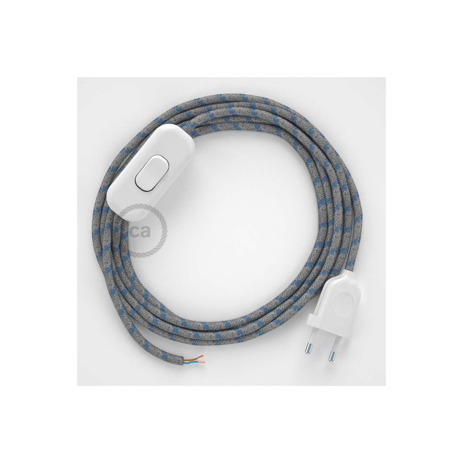 Napájací kábel pre stolnú lampu, RD55 Prúžkovaný modrý bavlneno - ľanový 1,80 m. Vyberte si farbu zástrčky a vypínača.