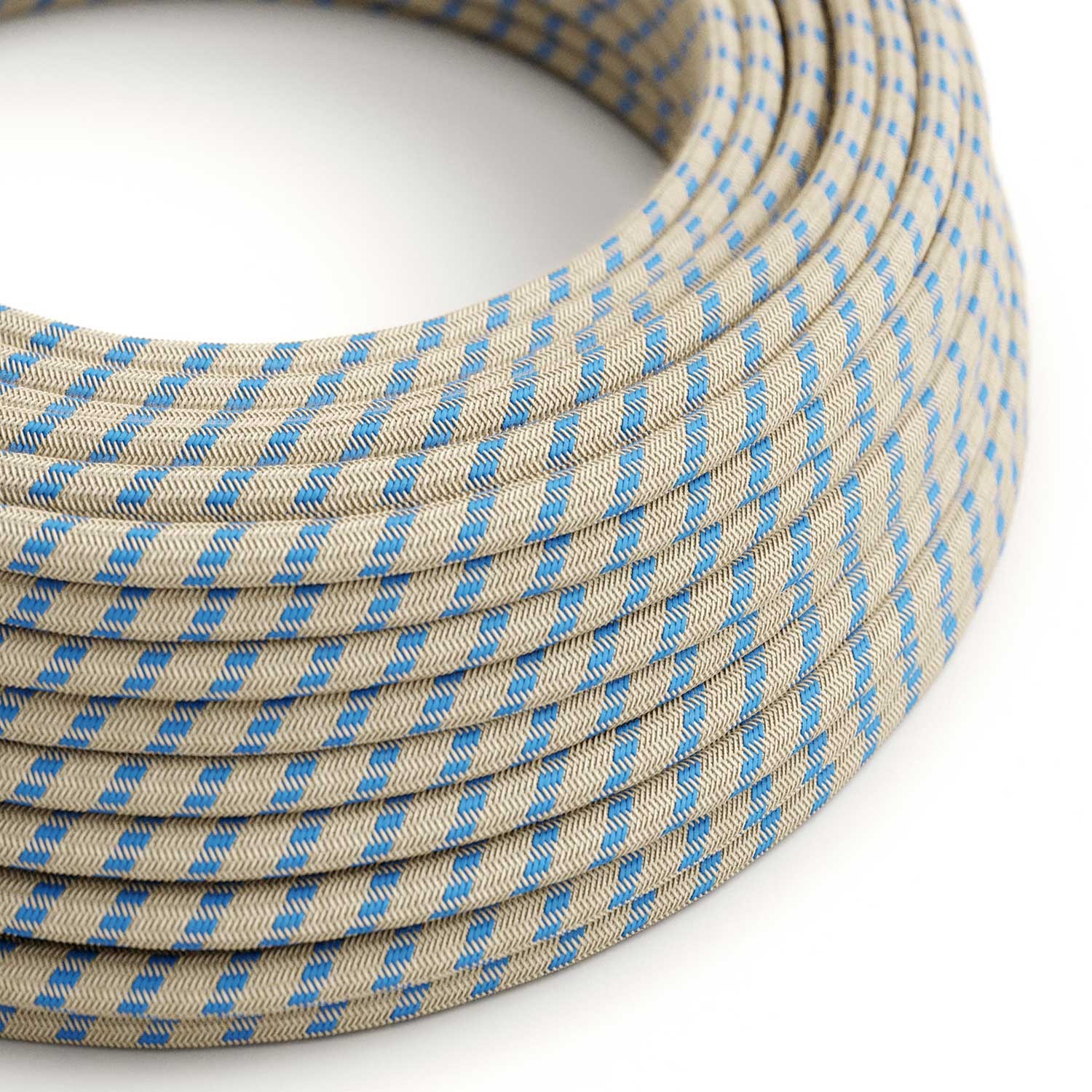 Okrúhly textilný elektrický kábel, bavlna - pruhy modrá farba, ľan prírodná neutrálna farba RD55