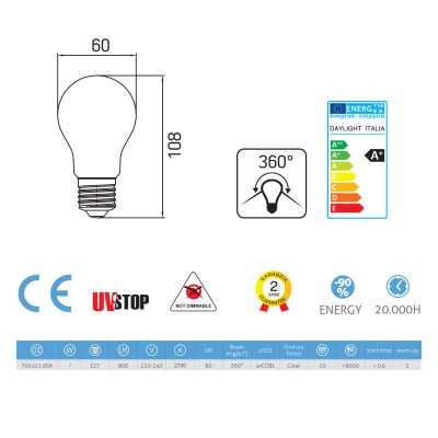 Žiarovka s LED vláknom Drop 6,5W E27 Priehľadná