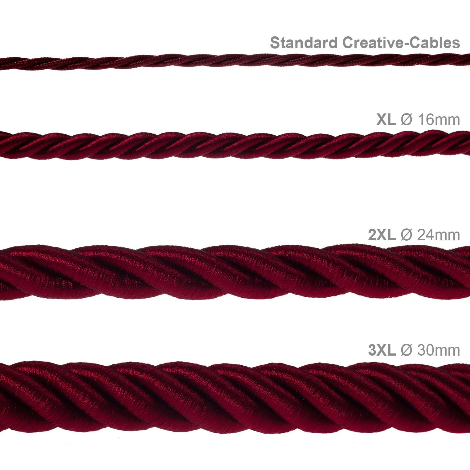 Elektrický kábel XL, kábel 3x0,75 potiahnutý lesklou tmavo bordovou textíliou. Priemer 16 mm.