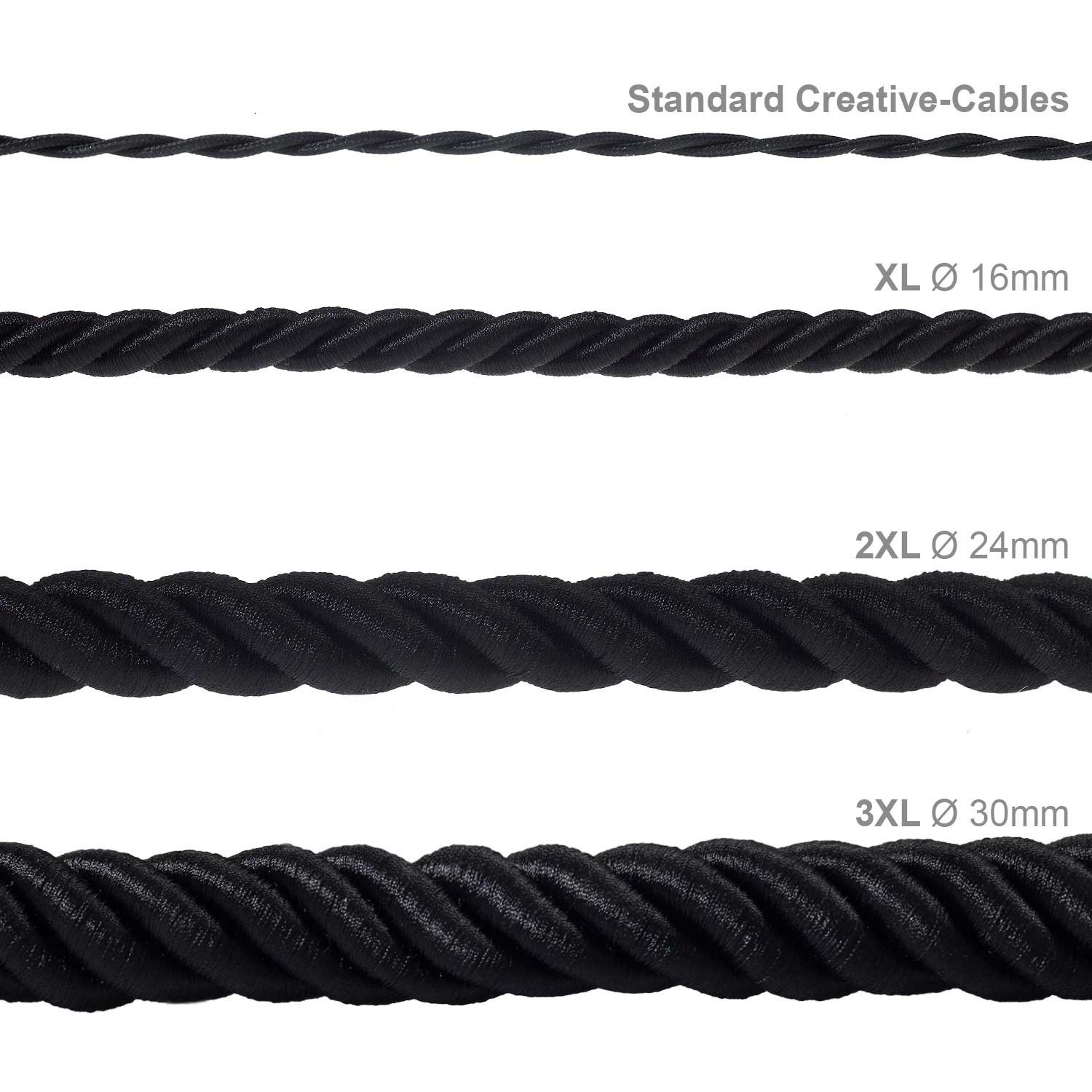 Elektrický kábel XL, kábel 3x0,75 potiahnutý lesklou čiernou textíliou. Priemer 16 mm.