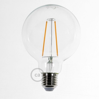 Dekoratívna vintage žiarovka s LED vláknom 4W priehľadný glóbus G95 s teplým svetlom 2200K