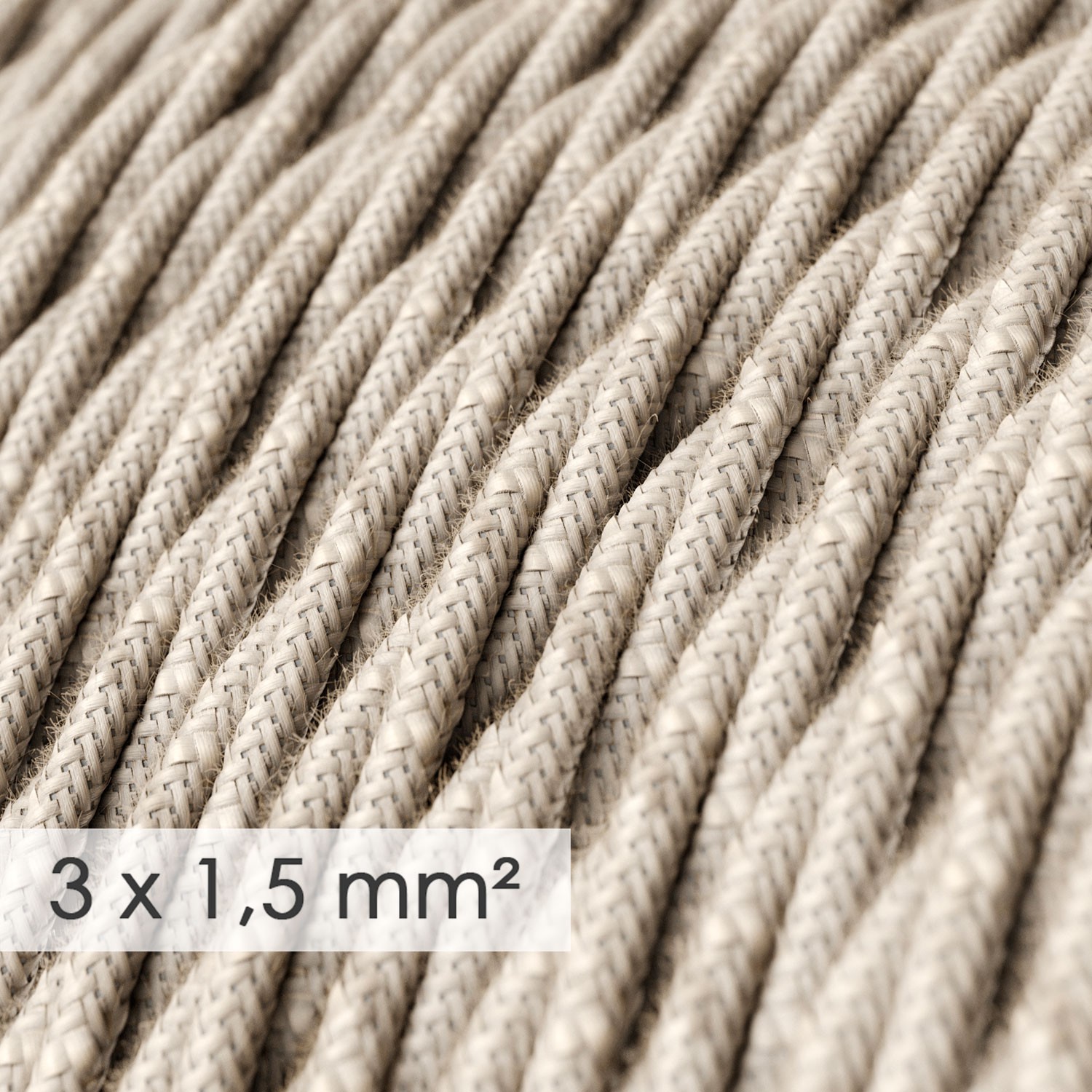Textilný elektrický kábel so širším priemerom 3x1,50 - stočený - ľan prírodnej neutrálnej farby TN01