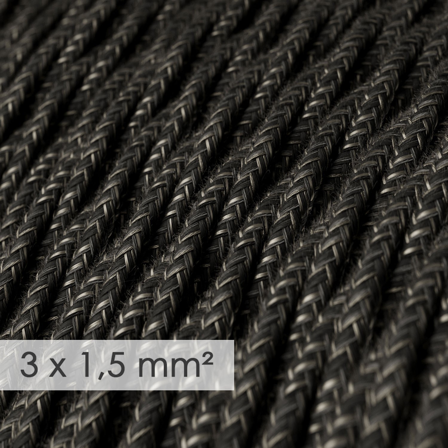 Textilný elektrický kábel so širším priemerom 3x1,50 - stočený - ľan prírodnej antracitovej farby TN03