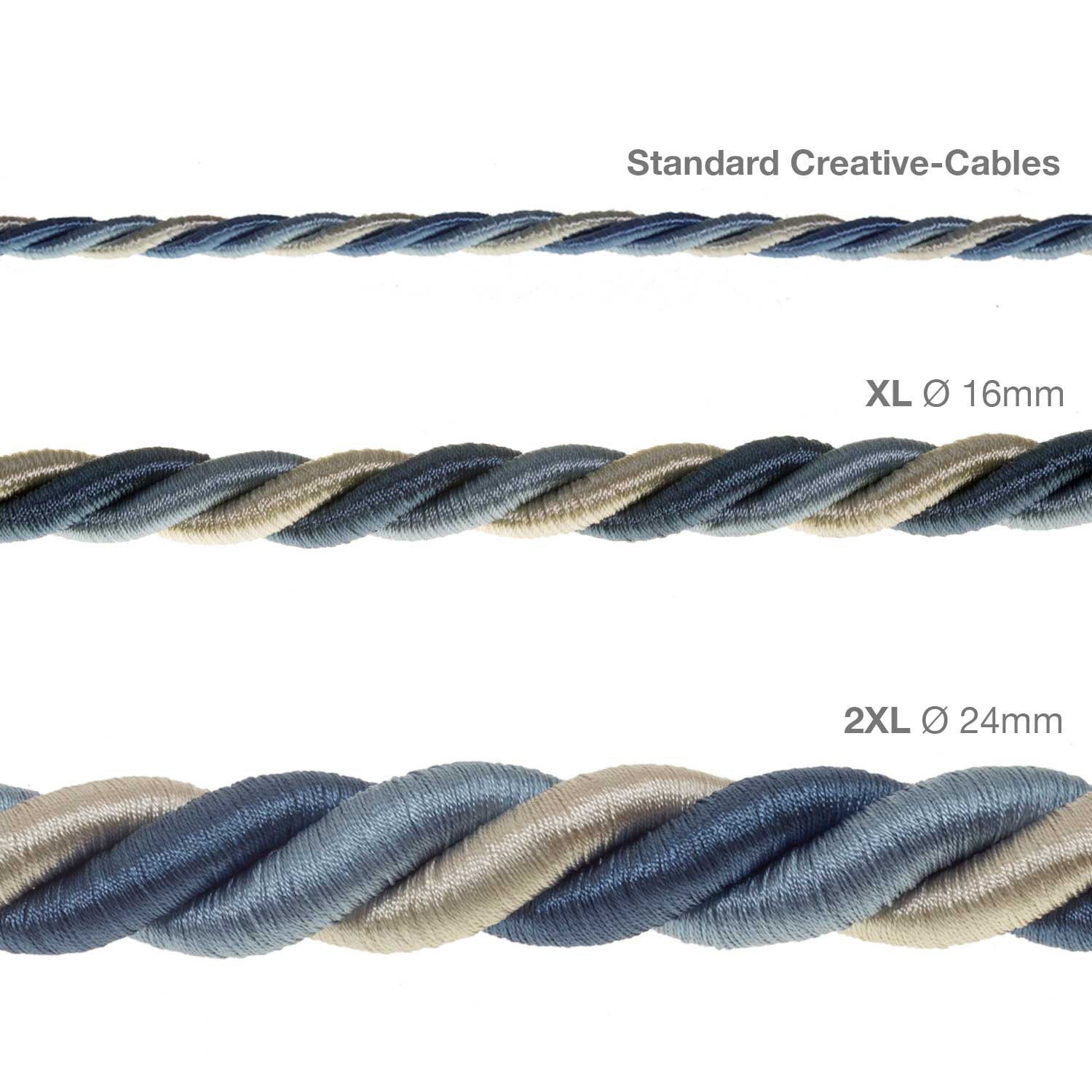 Elektrický kábel 2XL, kábel 3x0,75 potiahnutý farebnou hodvábnou textíliou Bernadotte. Priemer 24mm.