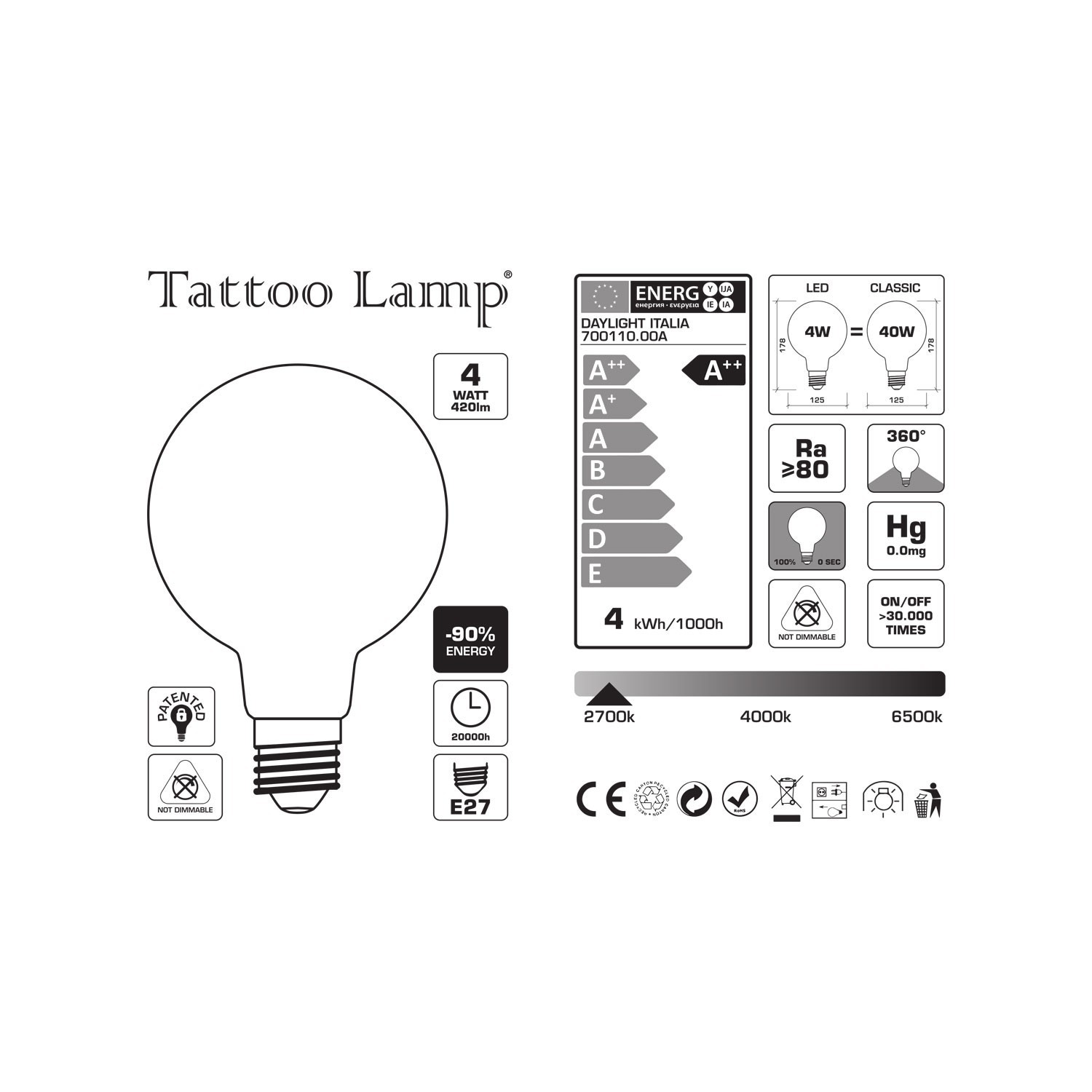 LED žiarovka - Glóbus G125 so špirálovým vláknom - Tattoo Lamp® Cuore 4W E27 2700K