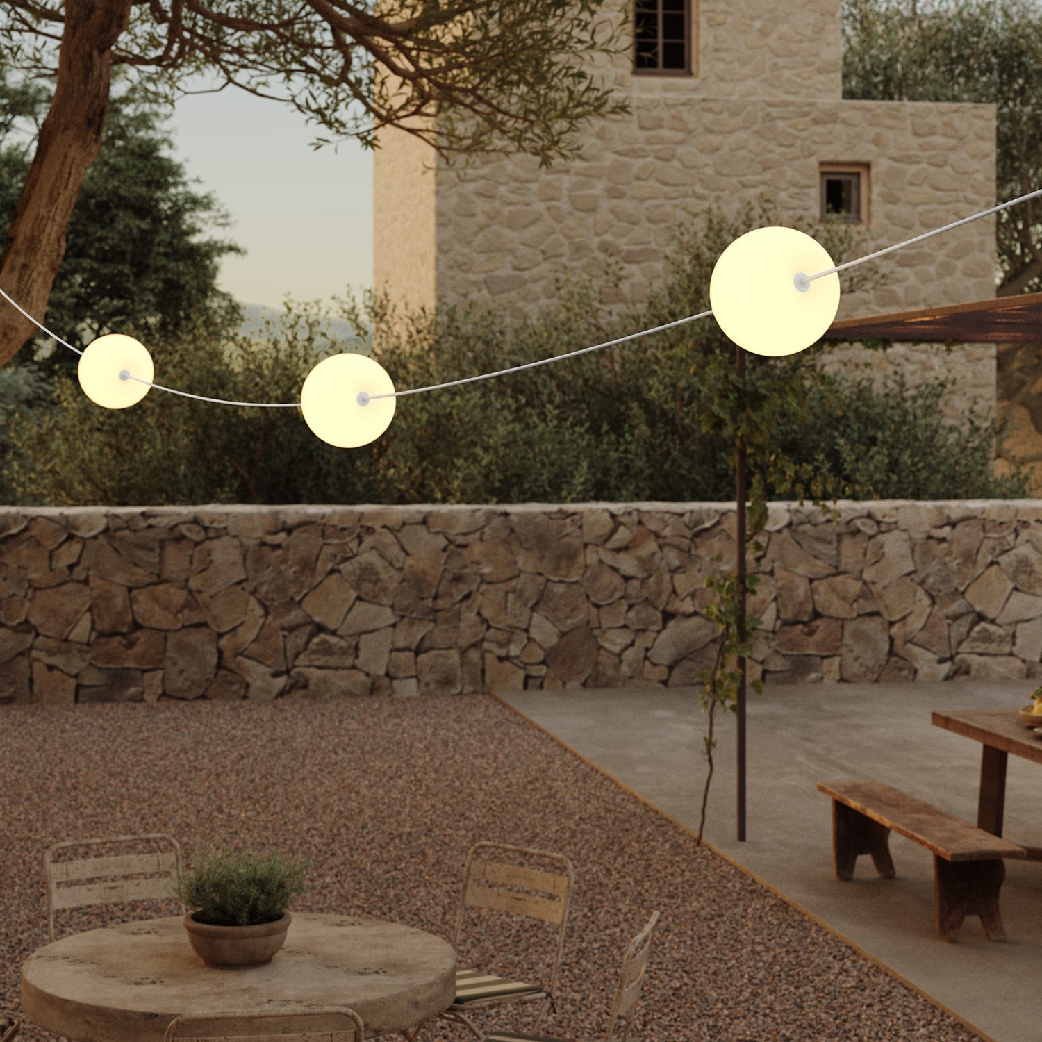 Catena luminosa 3 punti luce da esterno IP67 Bianco Sabbia - Marina3 Cherry 140 cm
