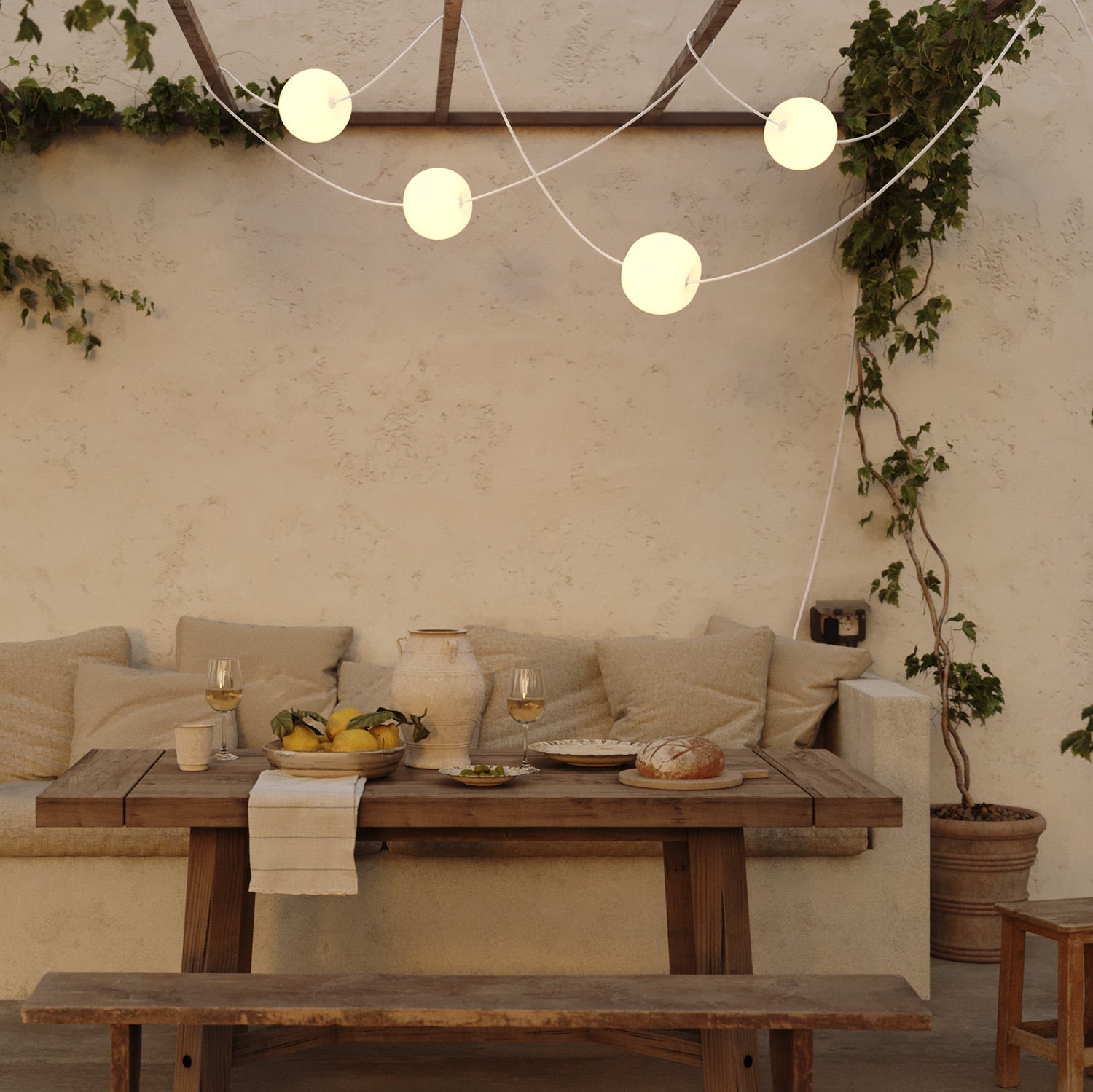 Catena luminosa 4 punti luce da esterno IP67 Bianco Sabbia - Marina4 Cherry 140 cm