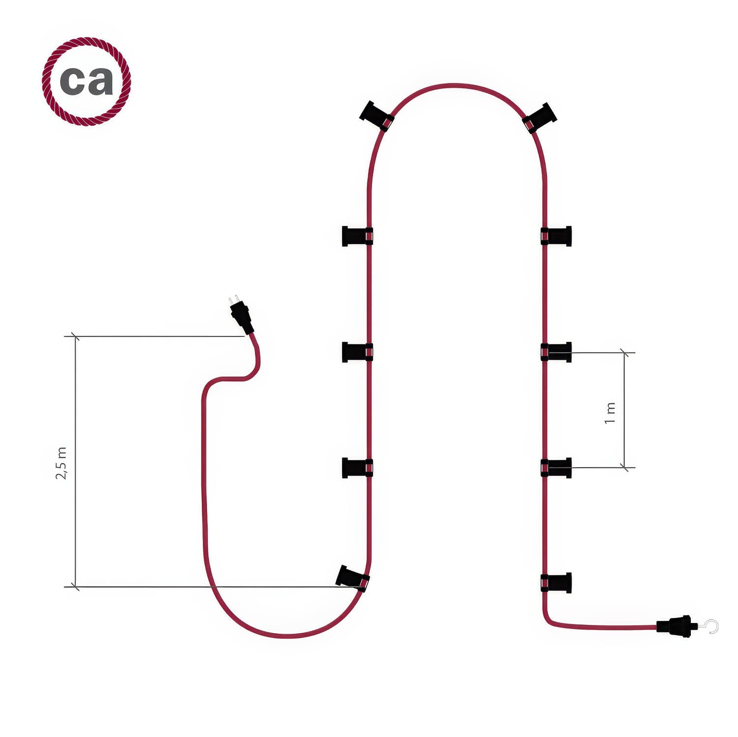 Catenaria Sistema Lumet da 12,5 m con cavo tessile CN06, 10 portalampada, gancio e spina bianchi
