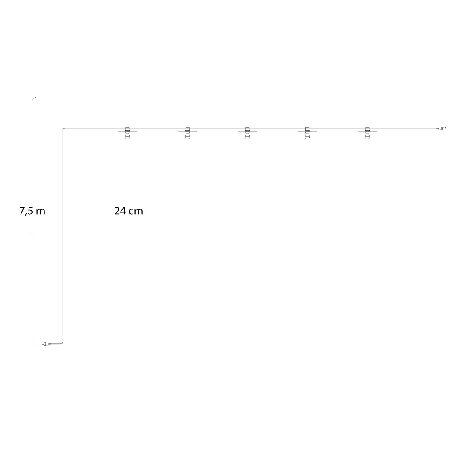 Catenaria Sistema Lumet 'Maioliche' da 7,5 m con cavo tessile, 5 portalampada e paralumi Bianco e Nero, gancio e spina nera