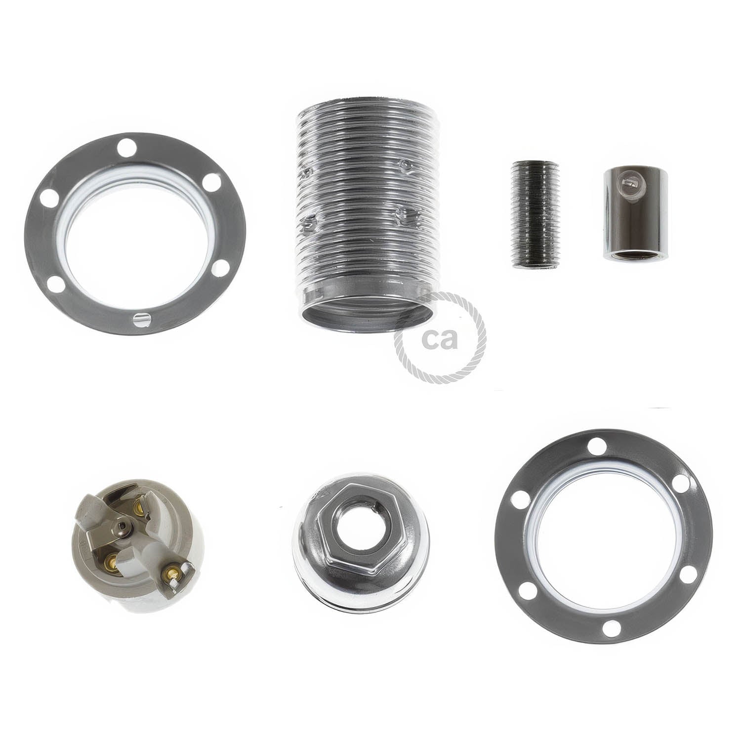 Kit portalampada E14 in metallo con doppia ghiera per paralume - Argento Cilindrico