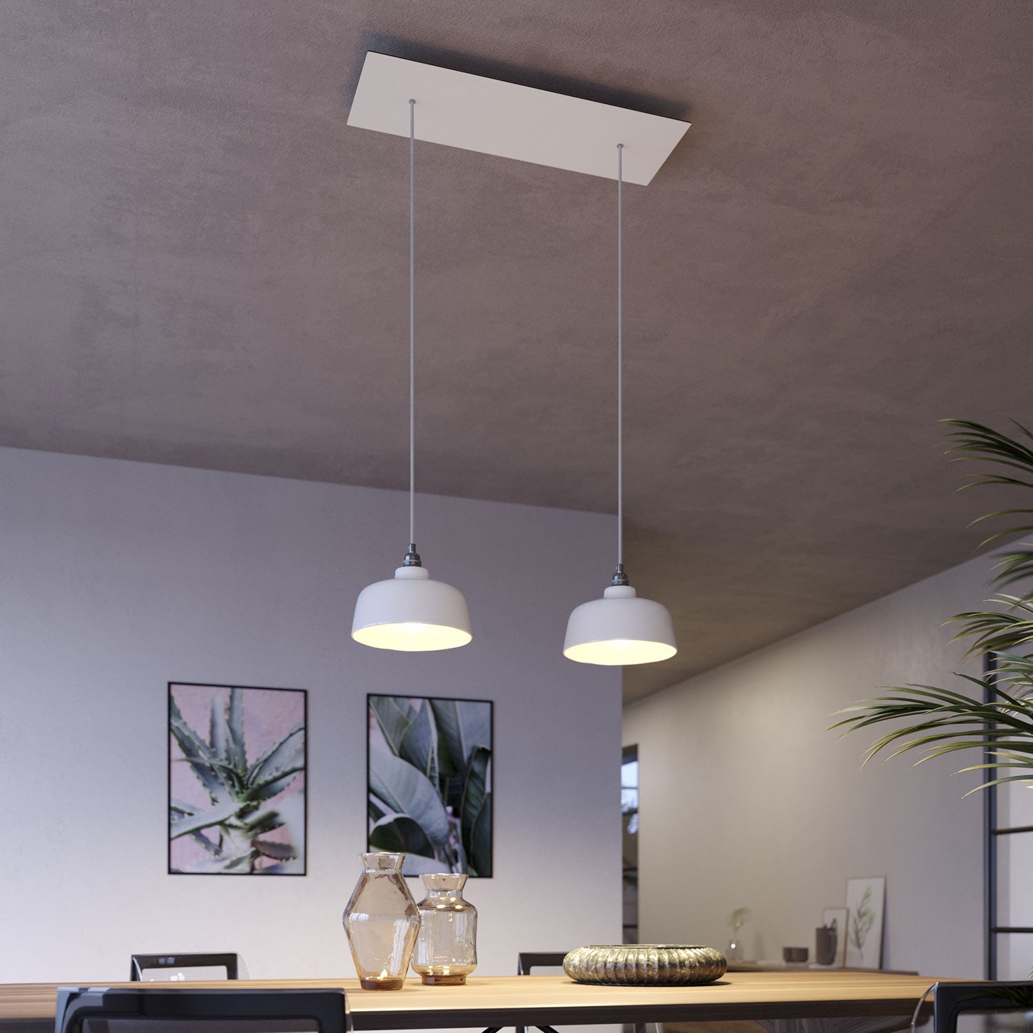 Lampada a sospensione a 2 cadute con XXL Rose-One rettangolare 675 mm con paralume Coppa - Bianco opaco