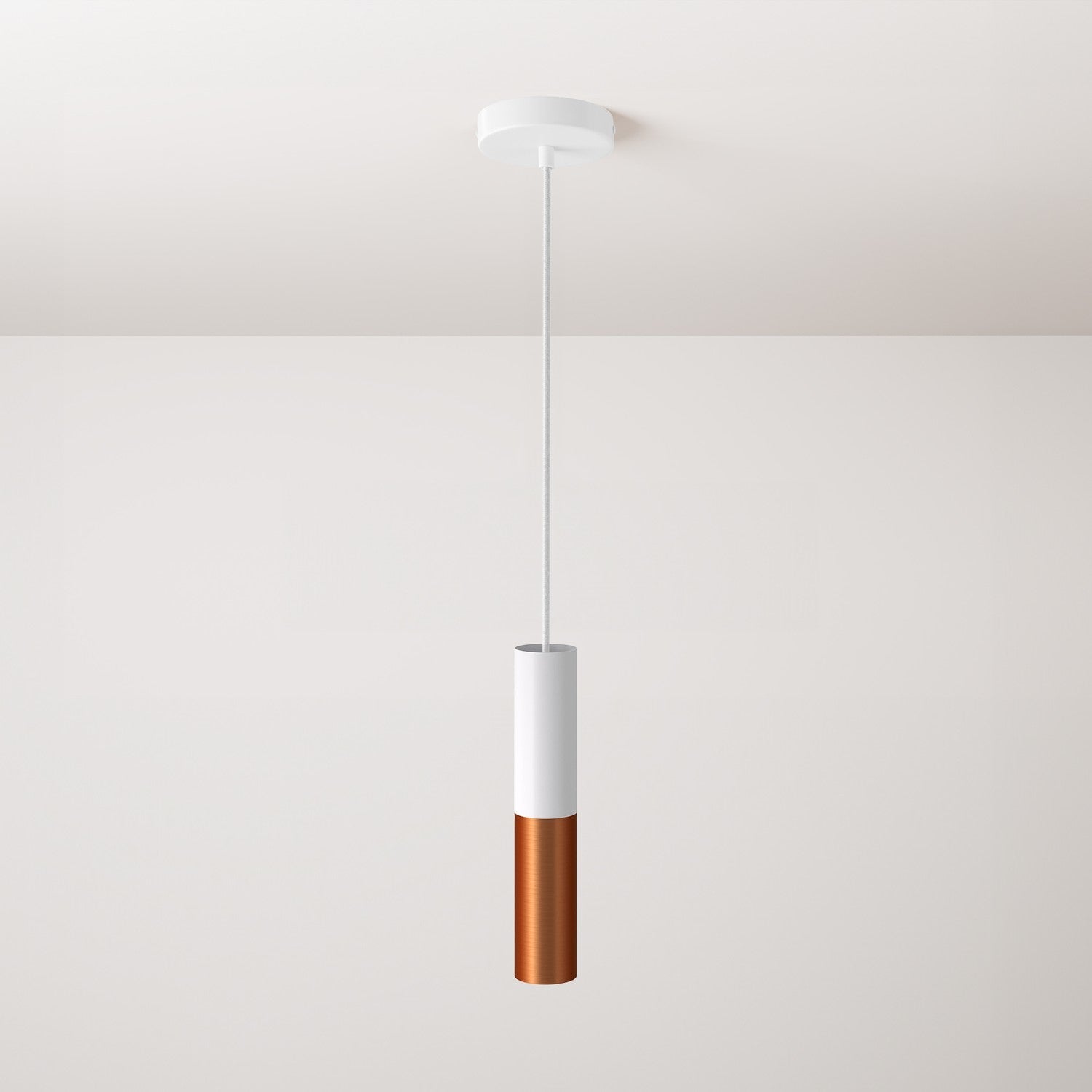 Pendant lamp complete with fabric cable and Tub-E12 double lampshade - Matt White and Brushed copper