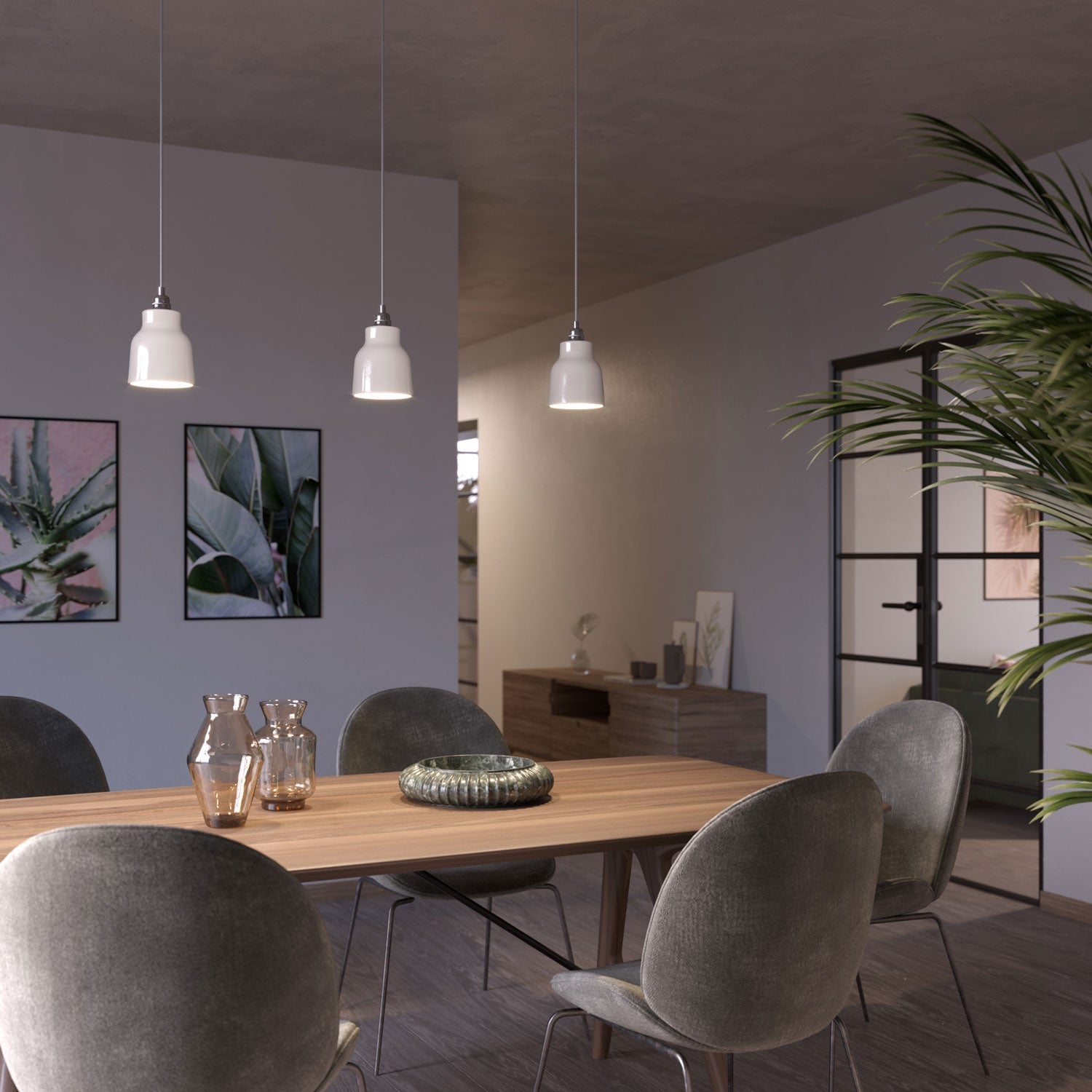 Lampada a sospensione completa di cavo tessile, paralume Vaso in ceramica e finiture in metallo - Bianco lucido