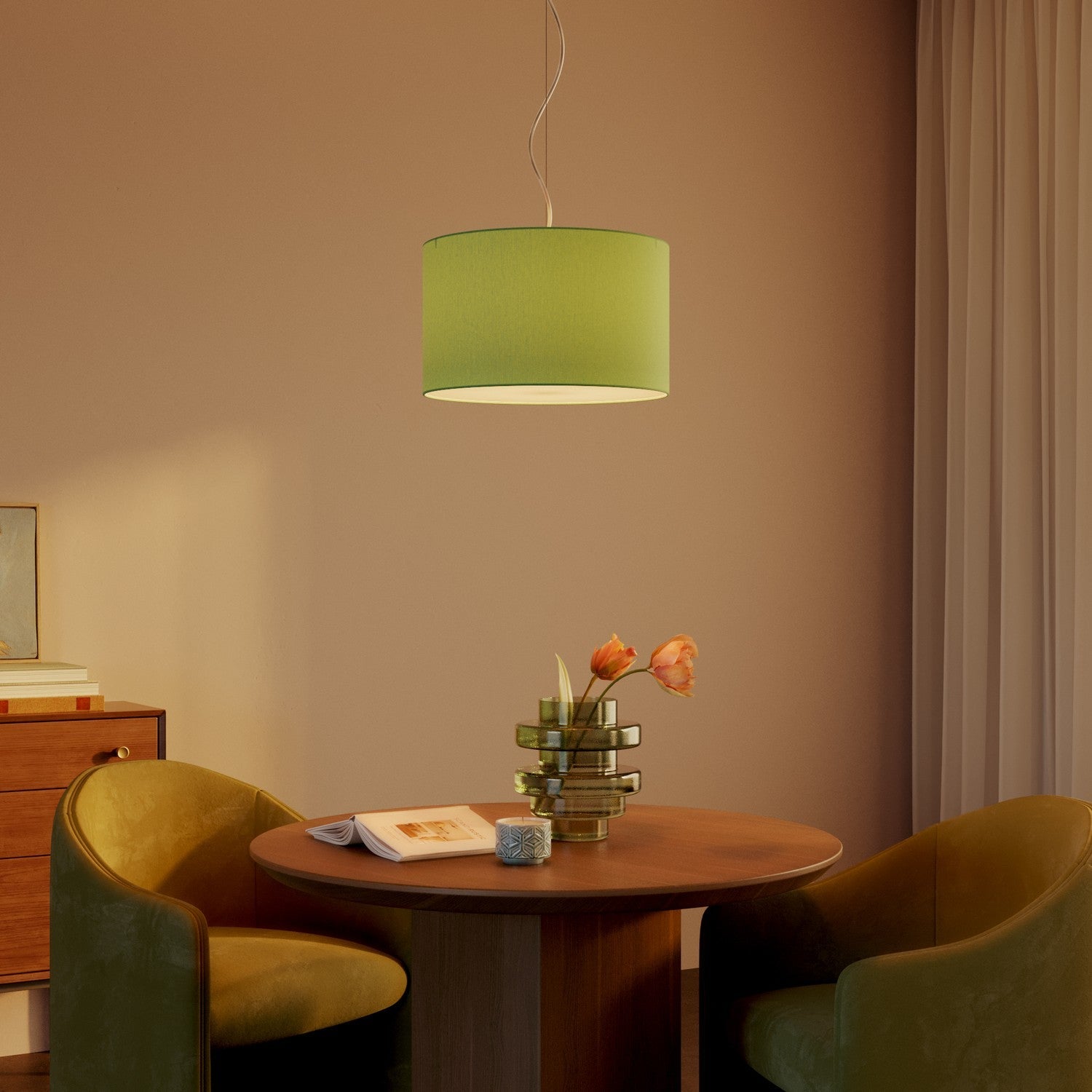 Lampada a sospensione con paralume in tessuto Cilindro Small Cinette verde pistacchio - Made in Italy Si