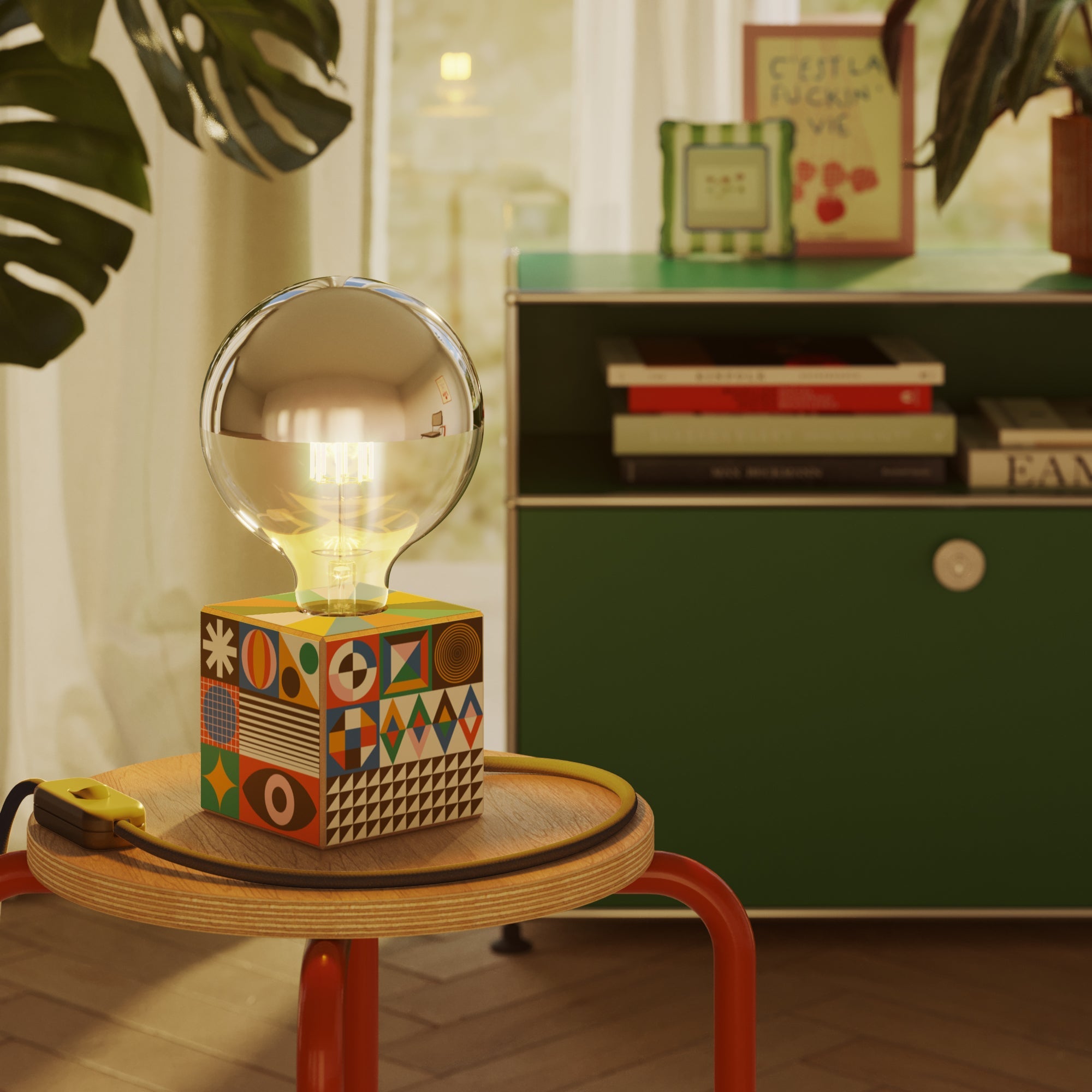 Lampada da tavolo Cubetto con lampadina globo mezza sfera argento - PosterLad - Creative Cables