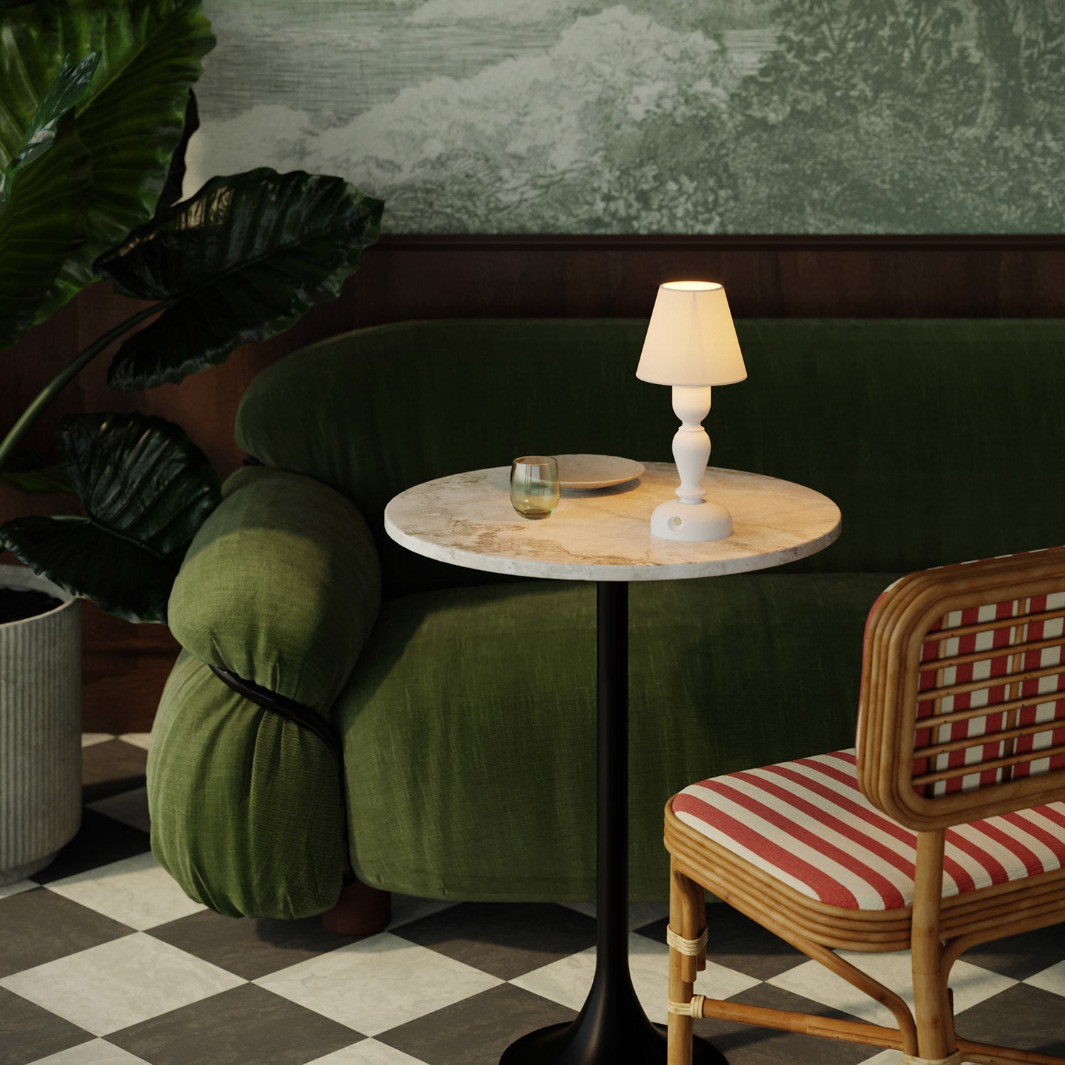 Lampada portatile ricaricabile Cabless14 con lampadina a goccia e paralume - Bianco