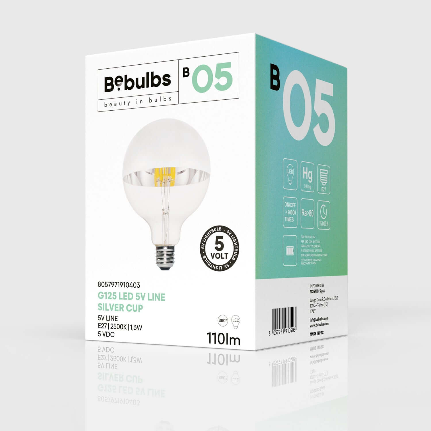 Lampadina LED Mezza Sfera Argento Linea 5V filamento corto Globo G125 1,3W 110Lm E27 2500K Dimmerabile - B05