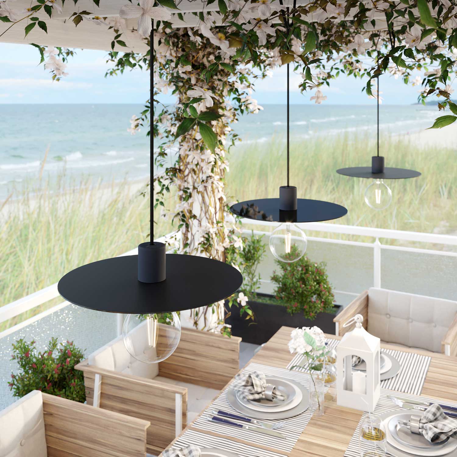 Modulair ELEGANT Lampada con 5 m cavo tessile, paralume Ellepì, rosone e portalampada in silicone IP65 waterproof - Nero