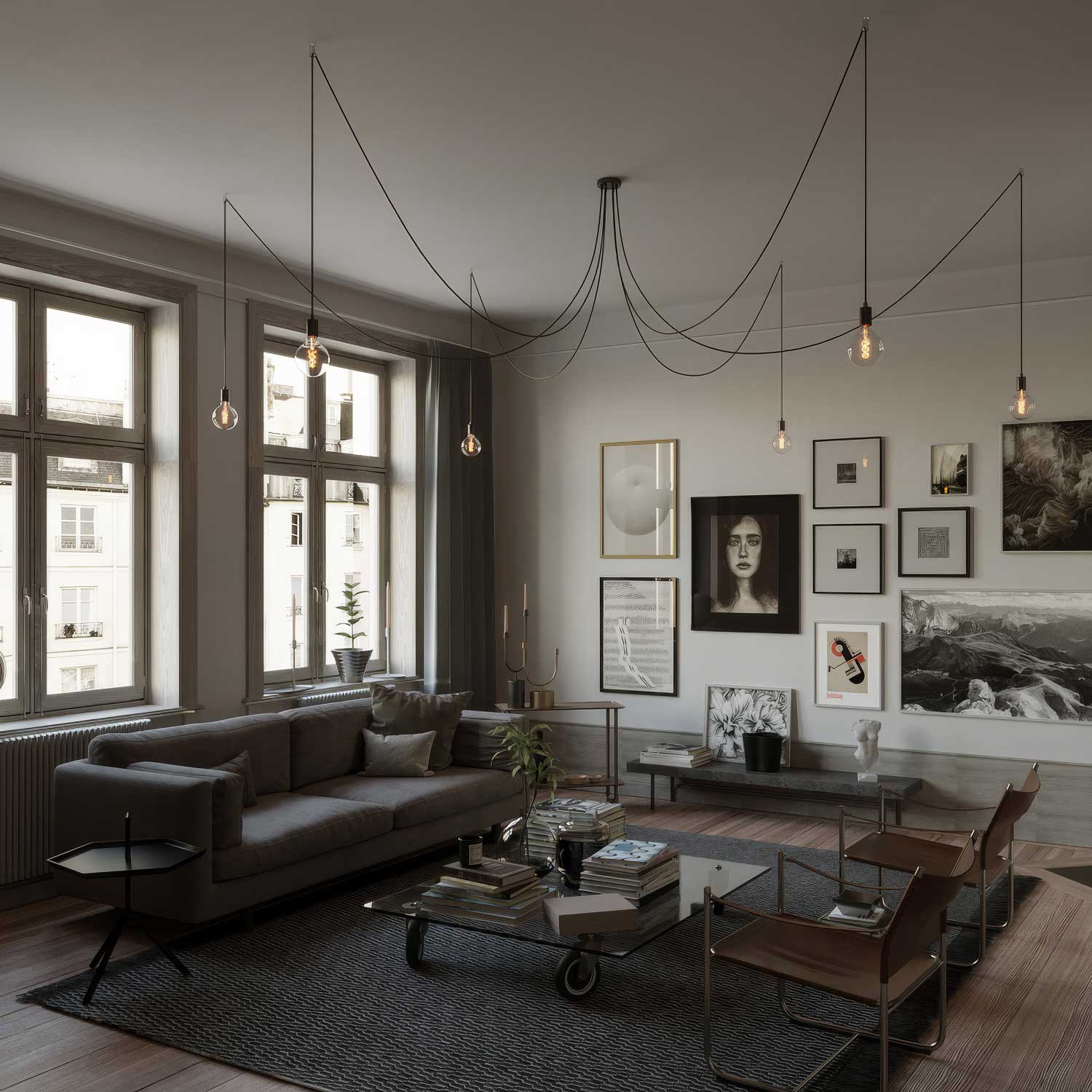 Spider - Multiple pendant lamp with 6 drops, metal finish - Black pearl