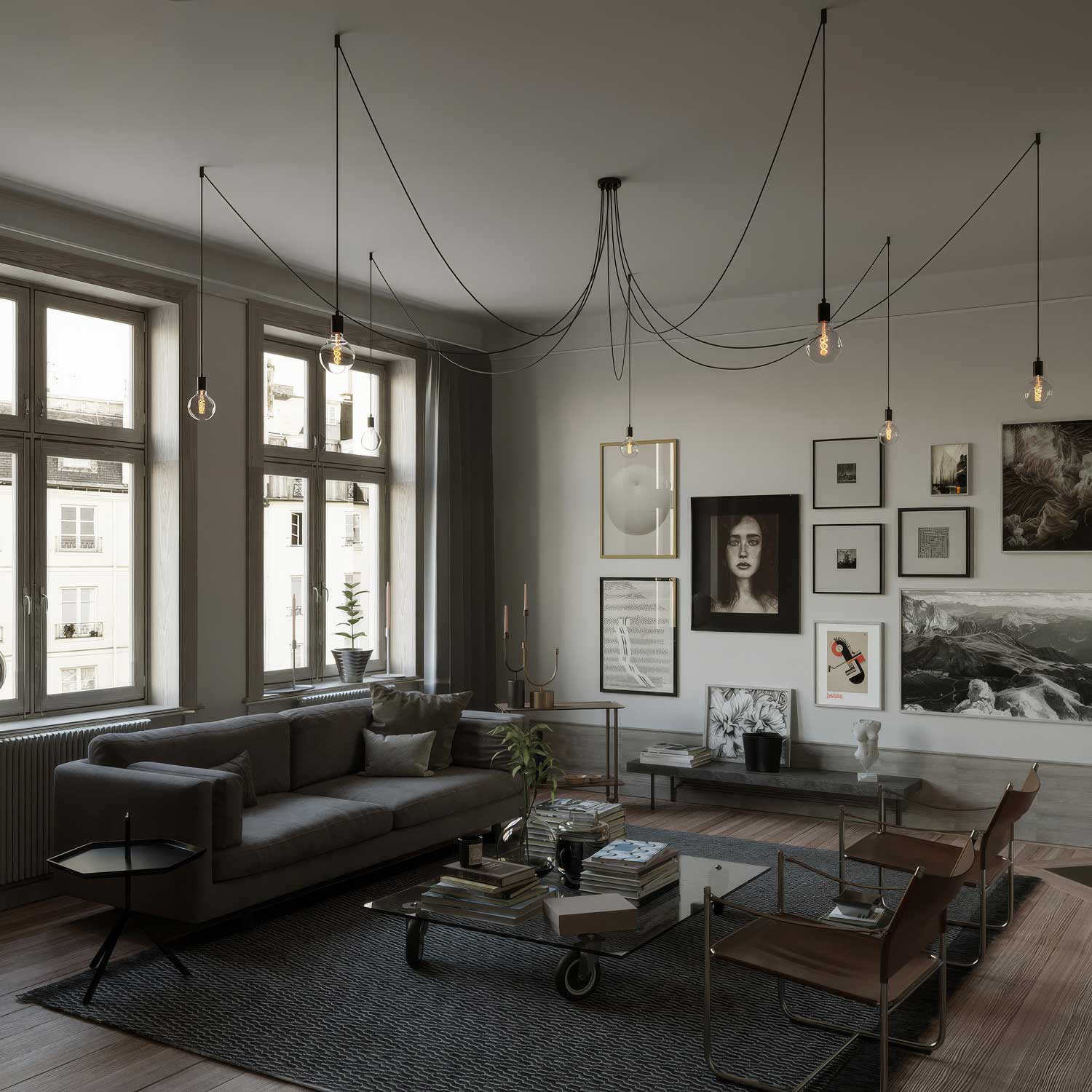 Spider - Multiple pendant lamp with 7 drops, metal finish - Black